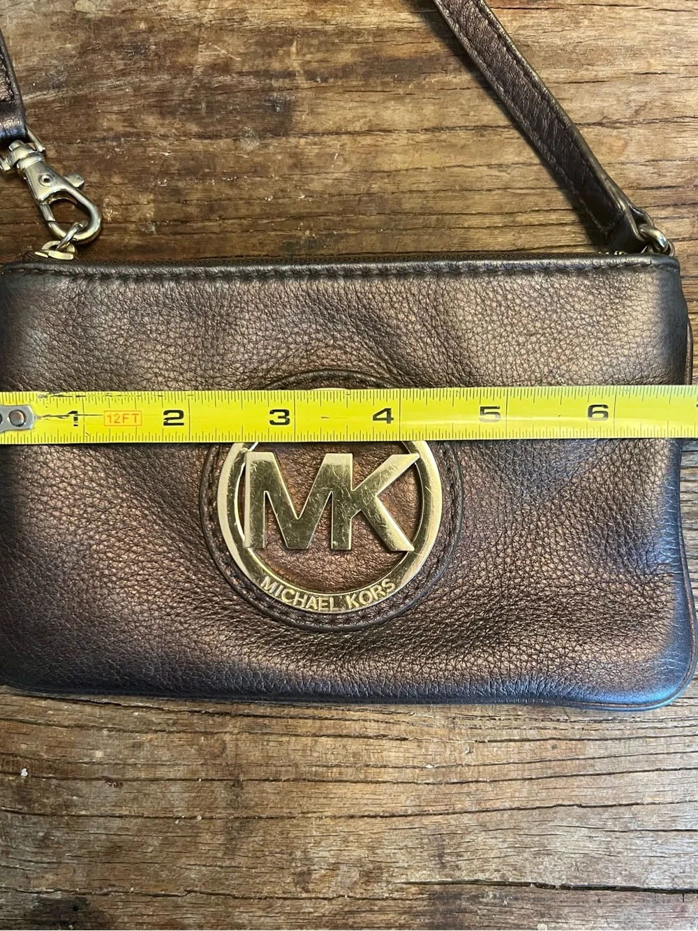 Michael Kors Chocolate Brown Leather Wristlet with Gold MK Emblem
